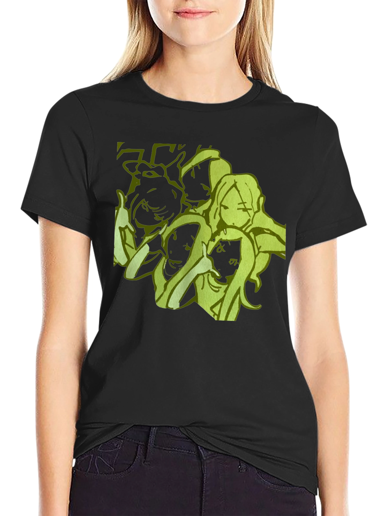 Anime Girls Graphic Tee - Black Cotton Casual T-Shirt
