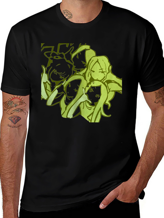 Anime Girls Graphic Tee - Black Cotton Casual T-Shirt