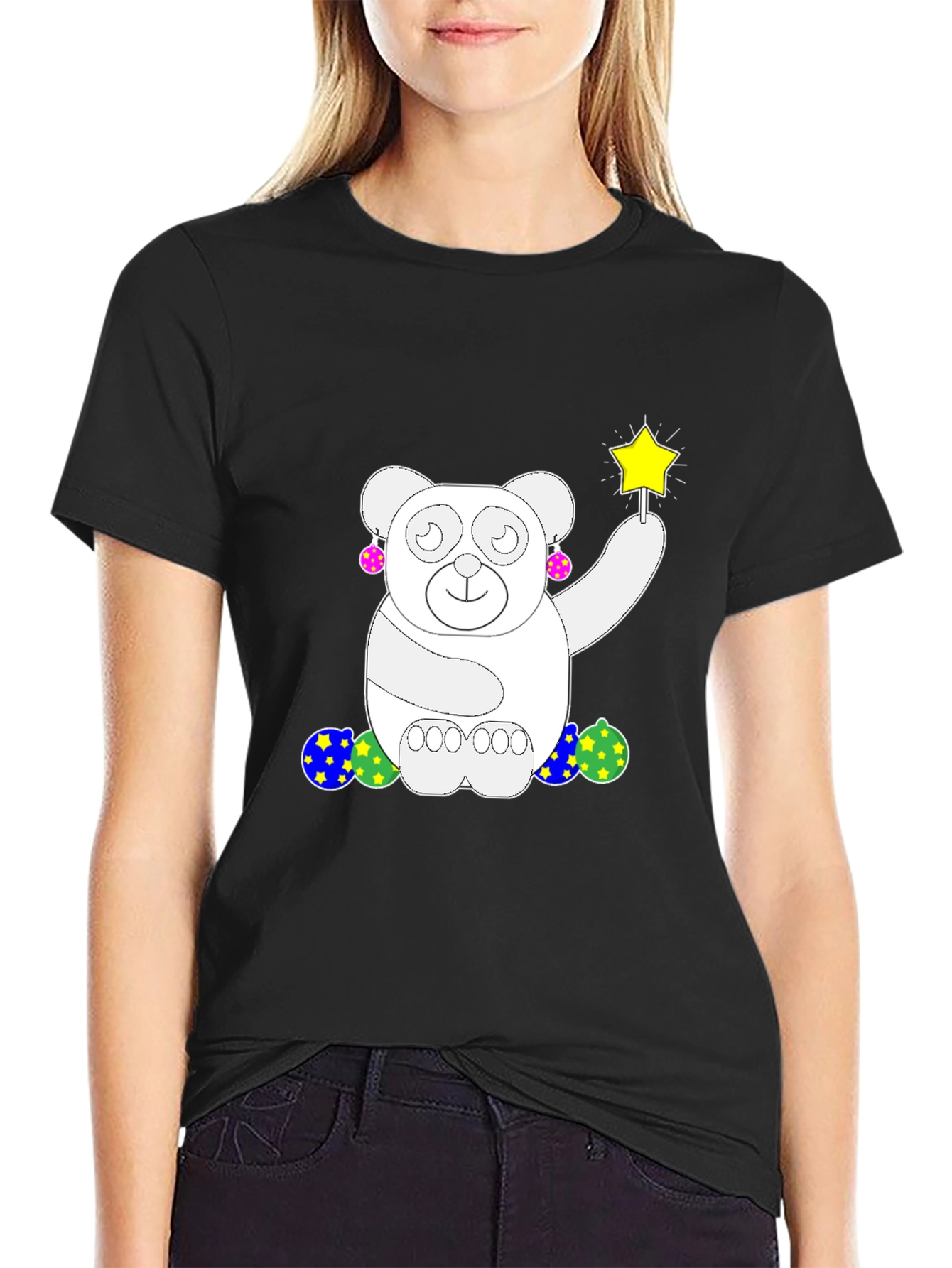 Whimsical Bear Graphic Tee - Black Cotton Comfort