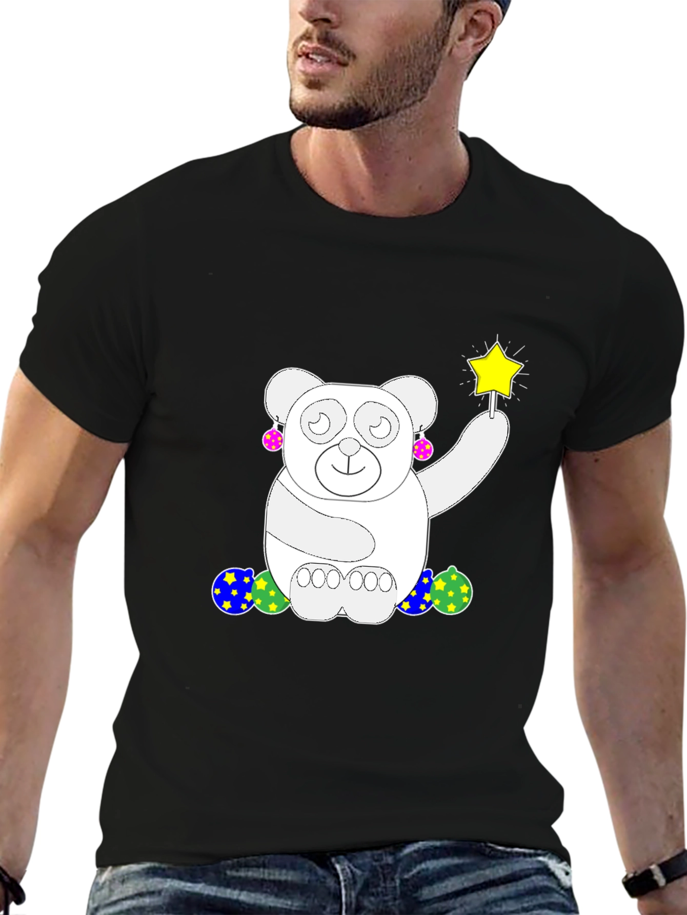 Whimsical Bear Graphic Tee - Black Cotton Comfort