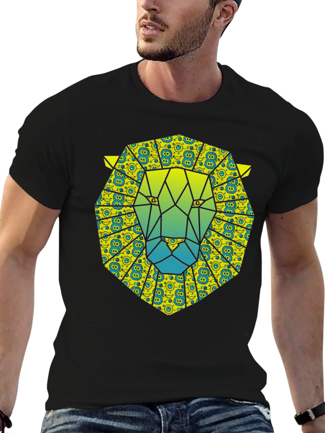 Geometric Lion Graphic Tee - Black