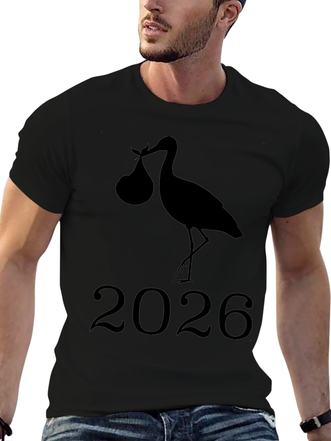 Stork Baby Announcement 2026 Black T-Shirt