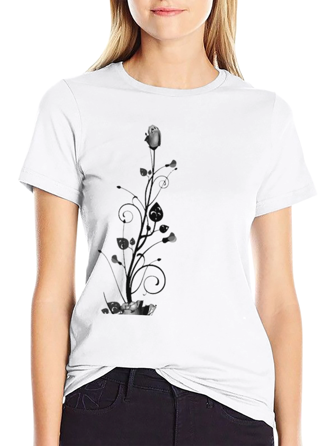 Elegant Black T-Shirt with Floral Rose Design