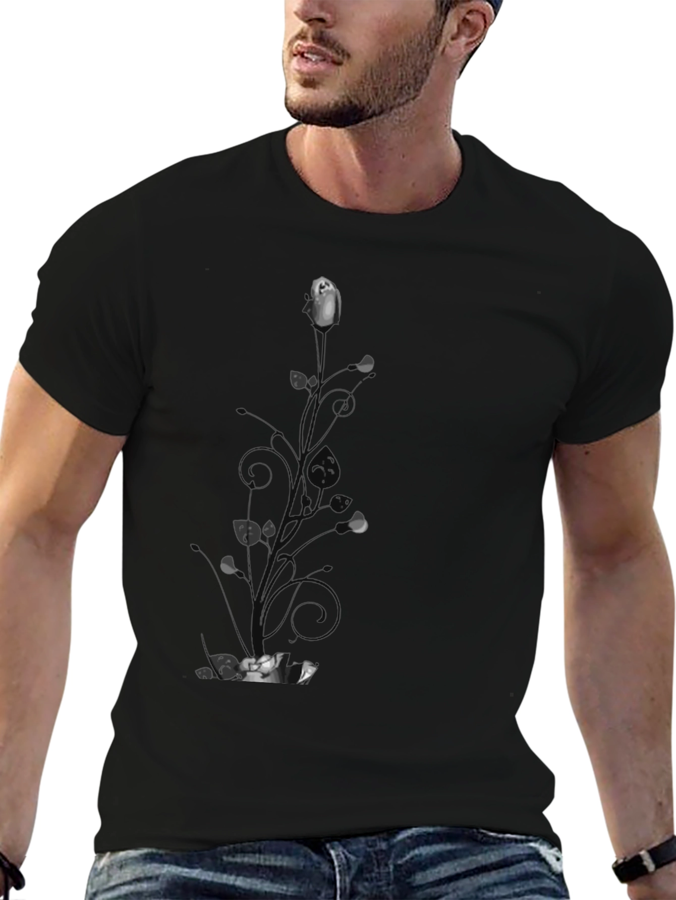 Elegant Black T-Shirt with Floral Rose Design