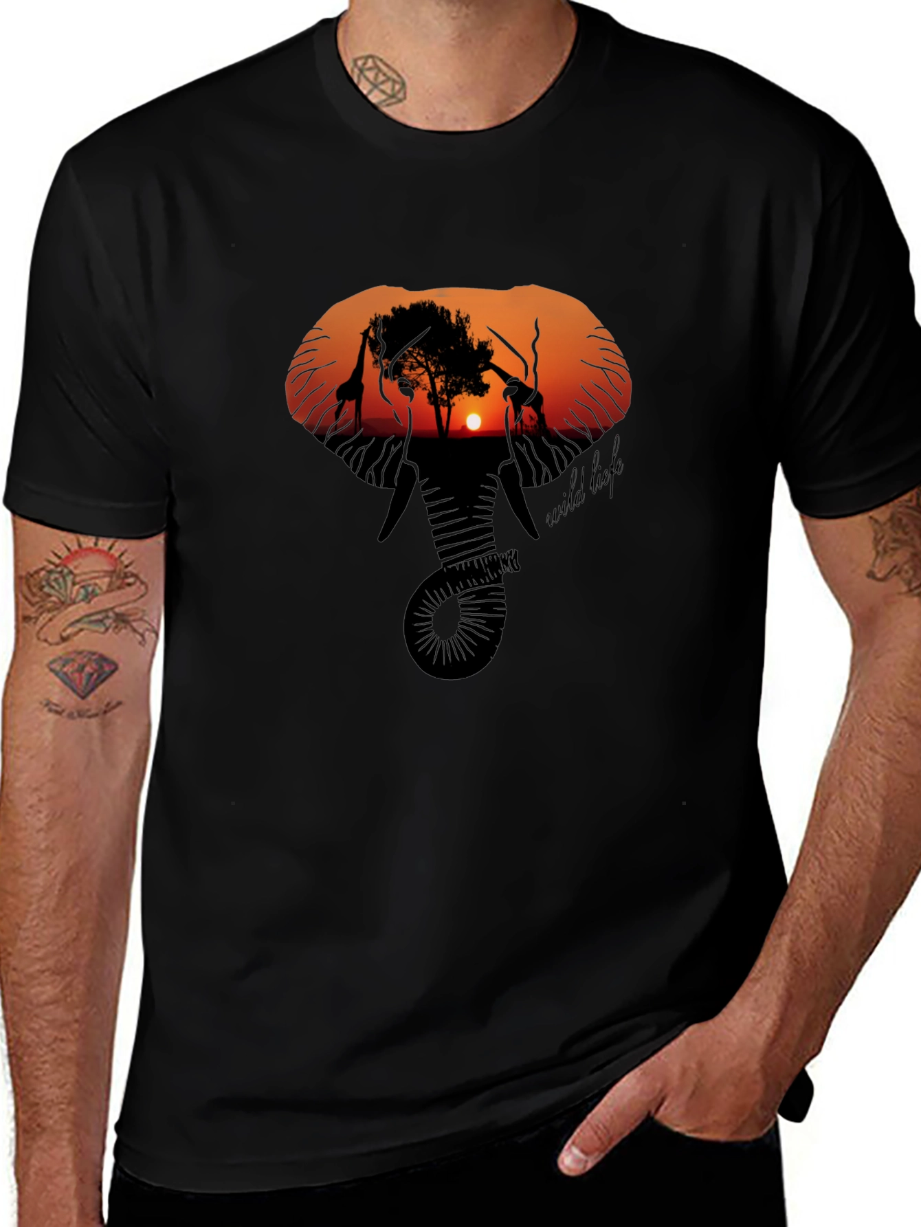 Wildlife Sunset Graphic Tee - Black Cotton T-Shirt