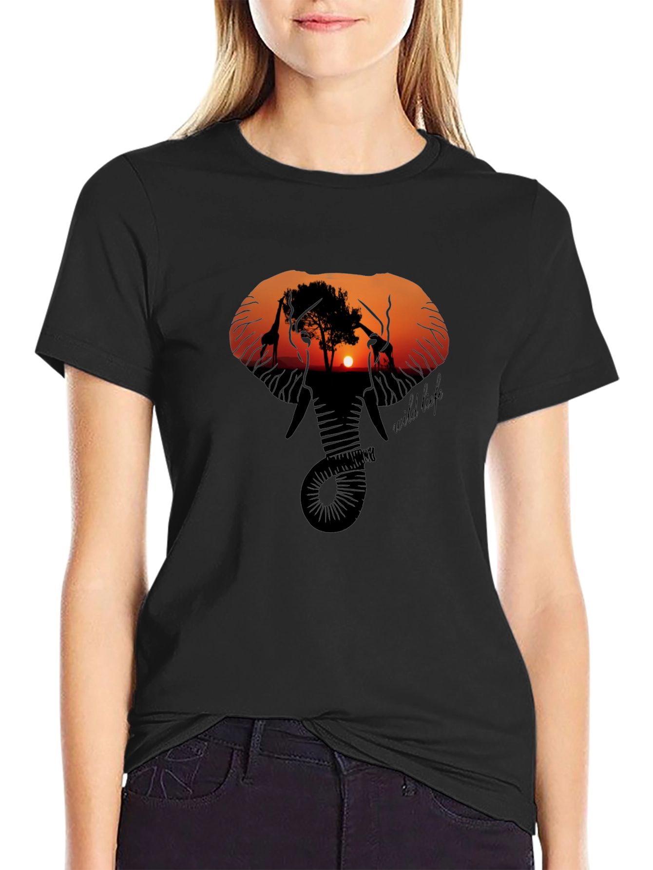 Wildlife Sunset Graphic Tee - Black Cotton T-Shirt