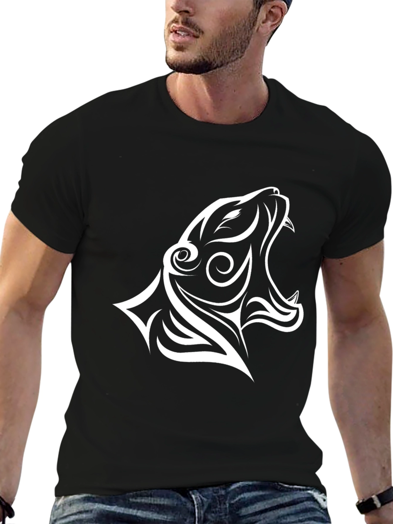 Black T-Shirt with White Tribal Tiger Design