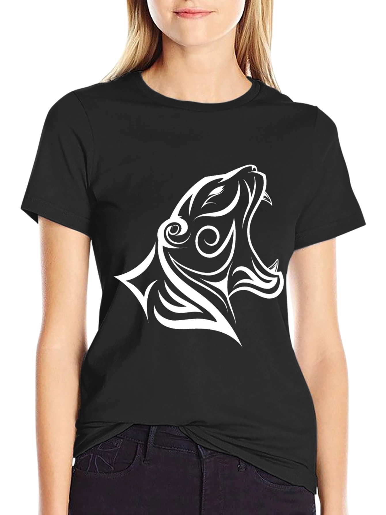 Black T-Shirt with White Tribal Tiger Design
