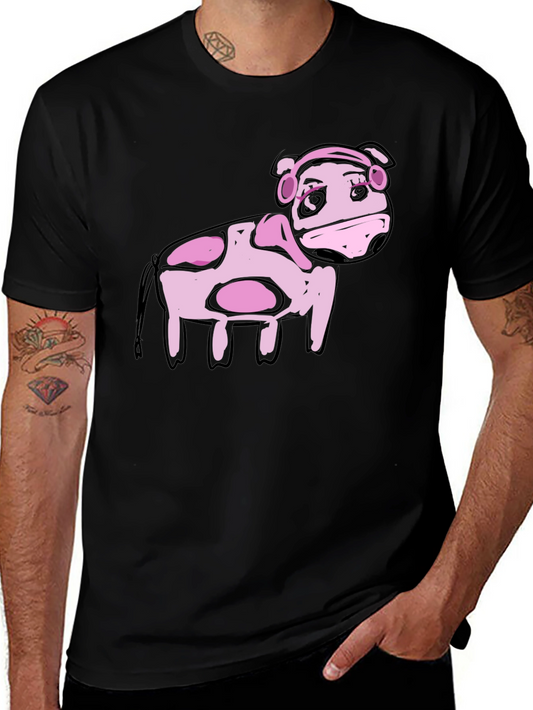 Cartoon Pink Cow Black T-Shirt