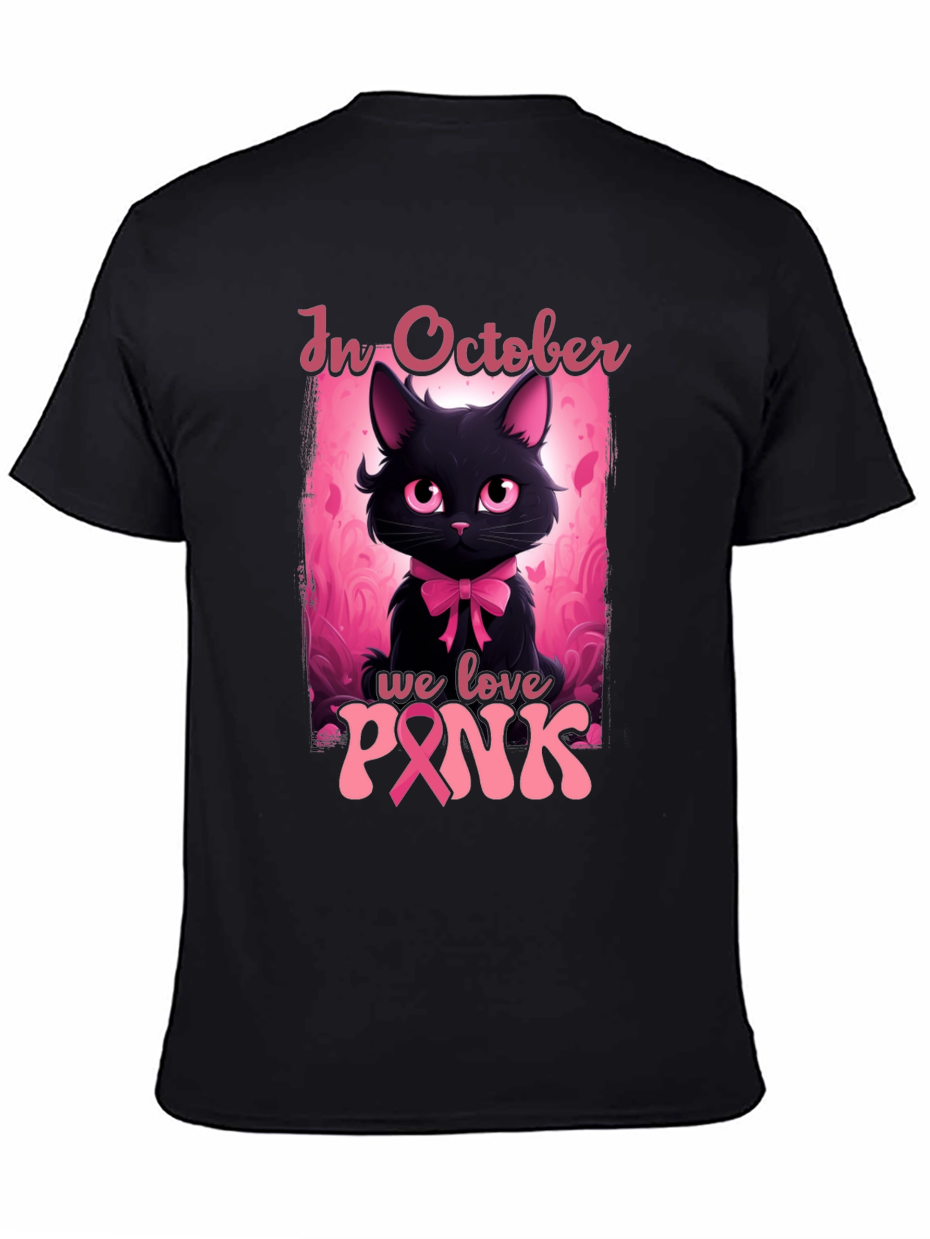 October Breast Cancer Awareness Black Cat T-Shirt