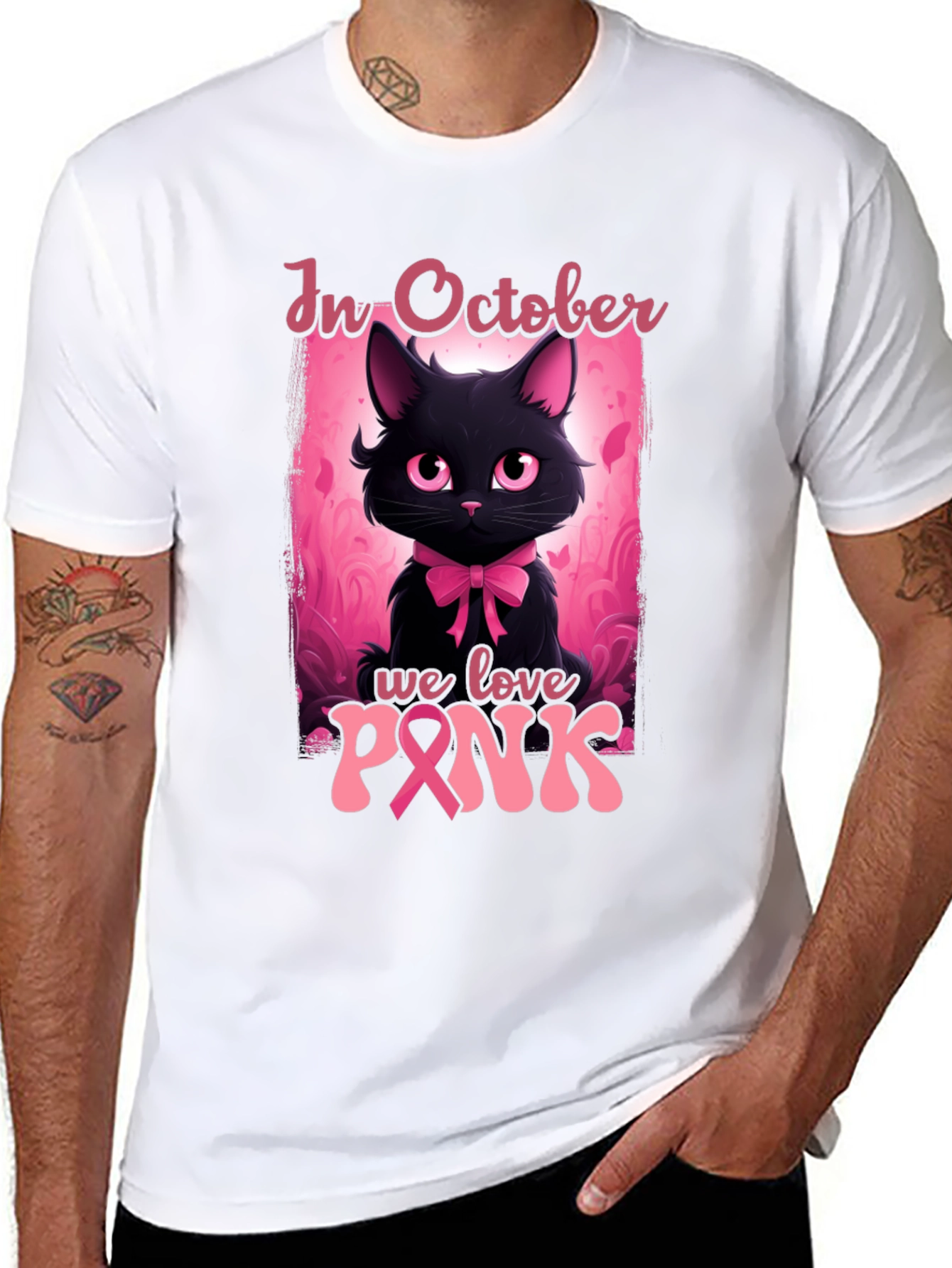 October Breast Cancer Awareness Black Cat T-Shirt