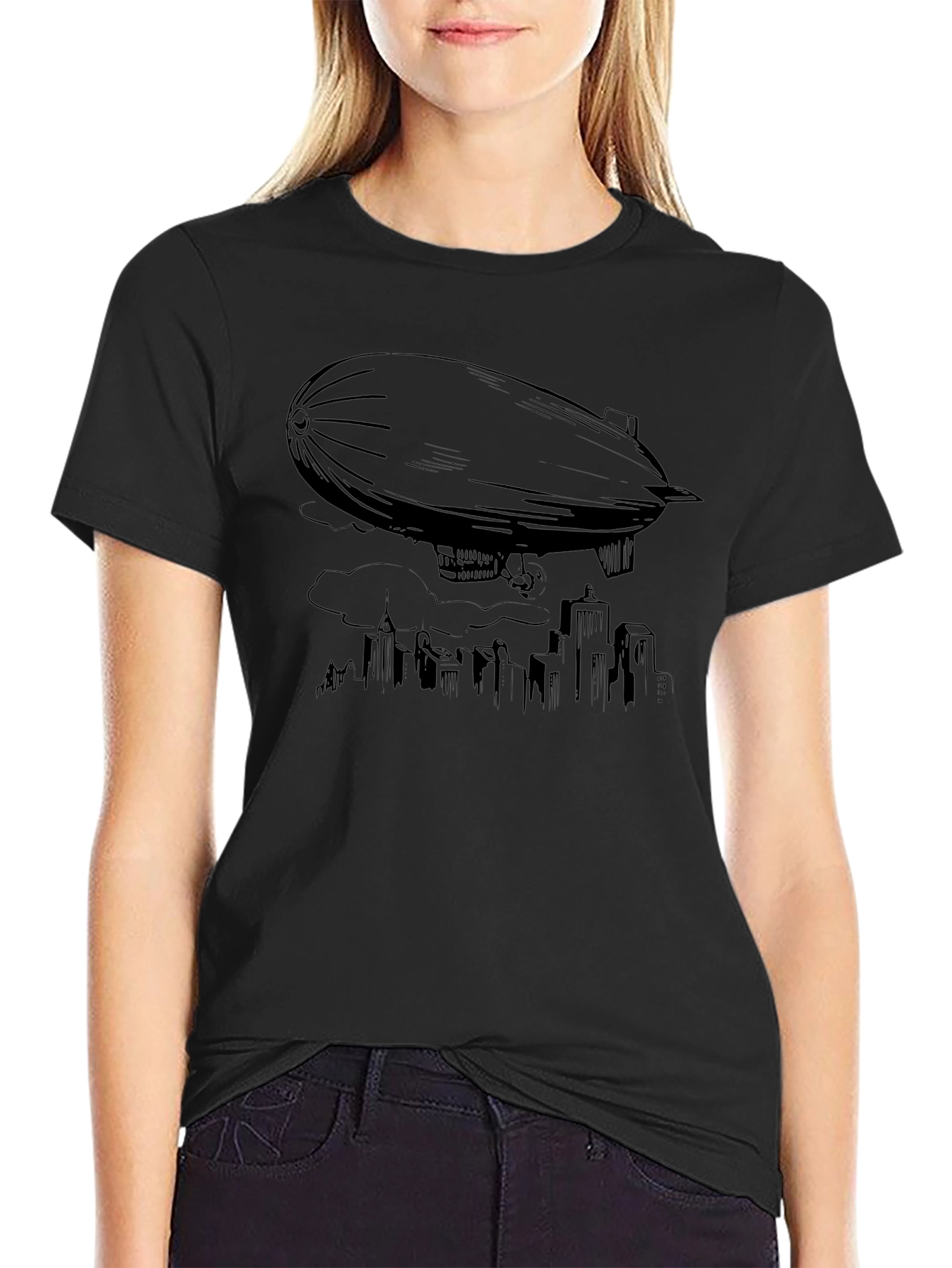 Airship Over City T-Shirt - Black Graphic Tee
