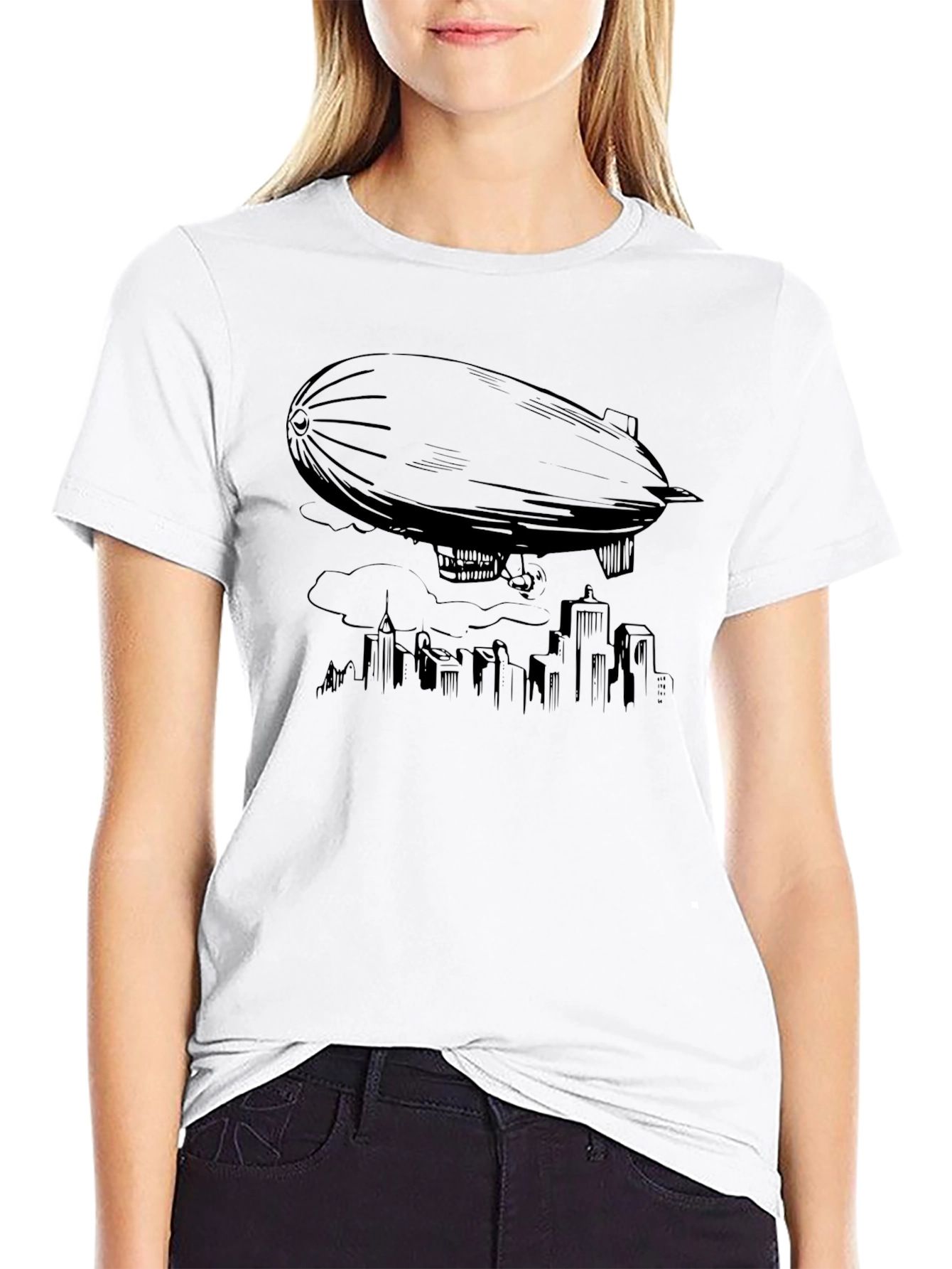 Airship Over City T-Shirt - Black Graphic Tee