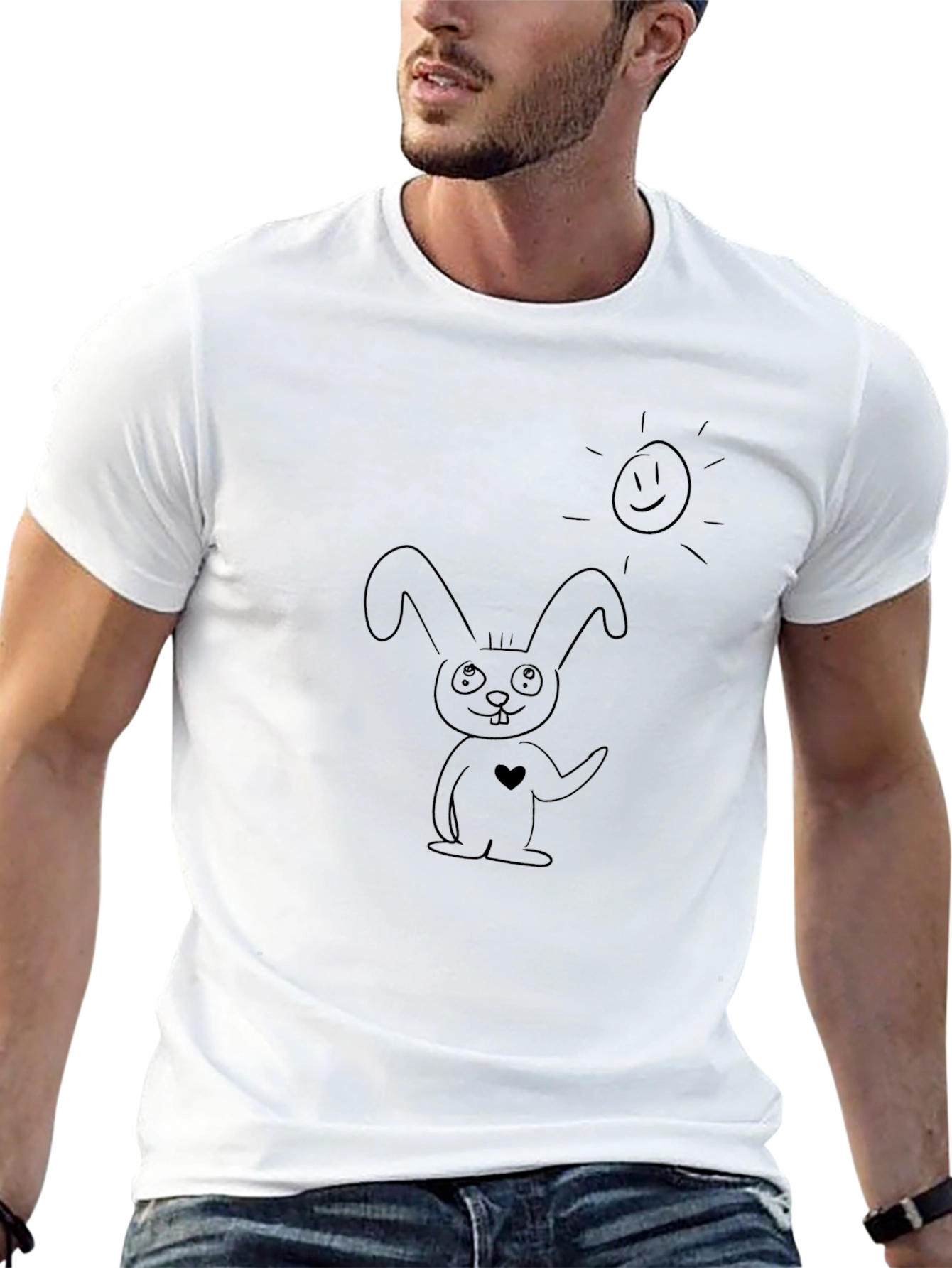 Black T-Shirt with Bunny and Sun Graphic