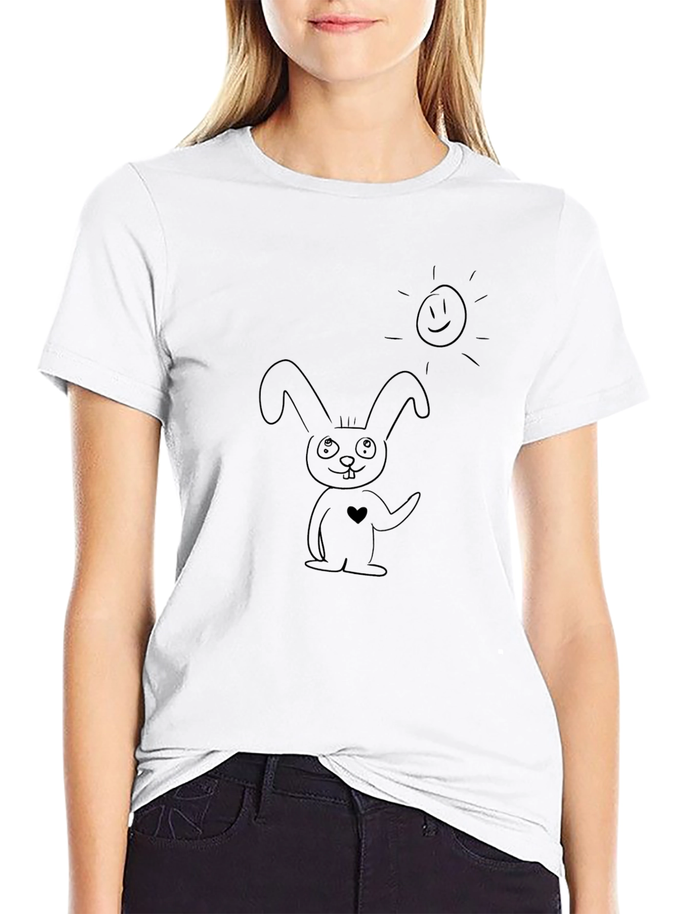 Black T-Shirt with Bunny and Sun Graphic