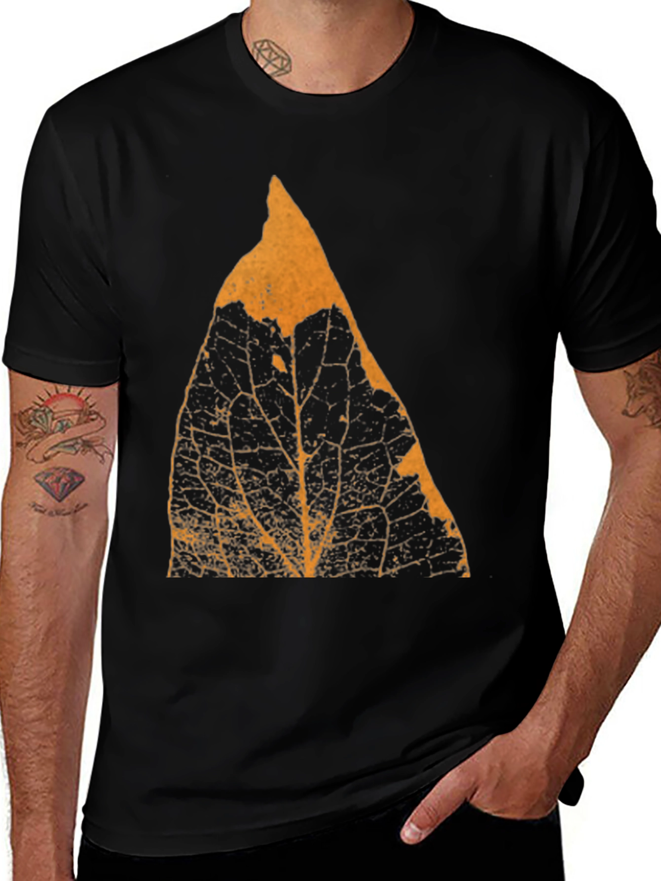 Botanical Leaf Print Mens Black T-Shirt