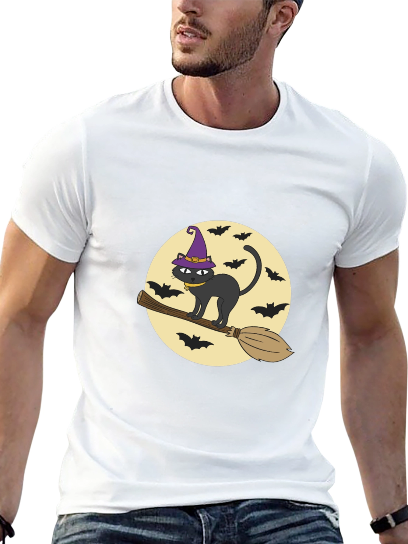 Halloween Cat Witch Graphic Tee - Black Cotton T-Shirt