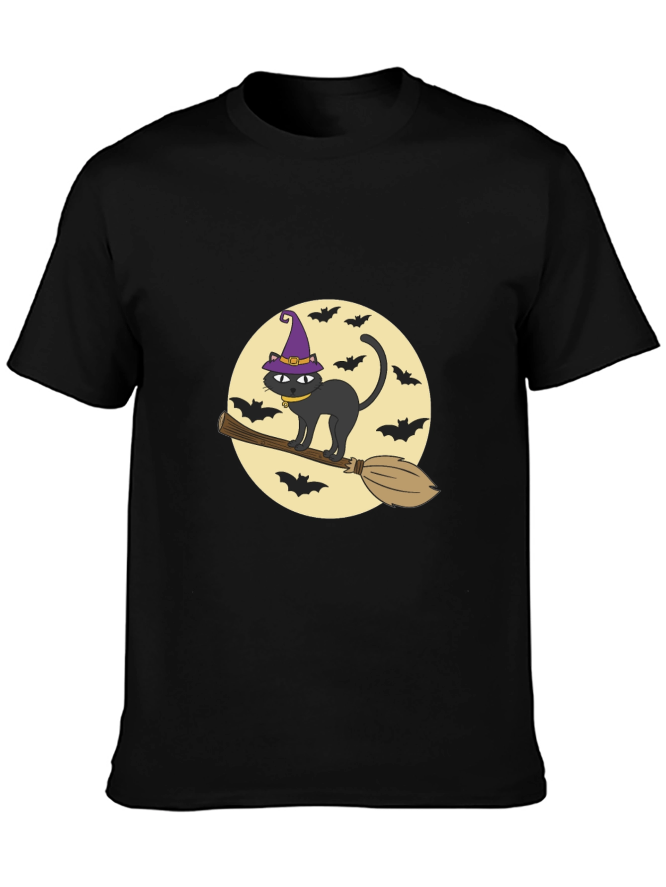Halloween Cat Witch Graphic Tee - Black Cotton T-Shirt