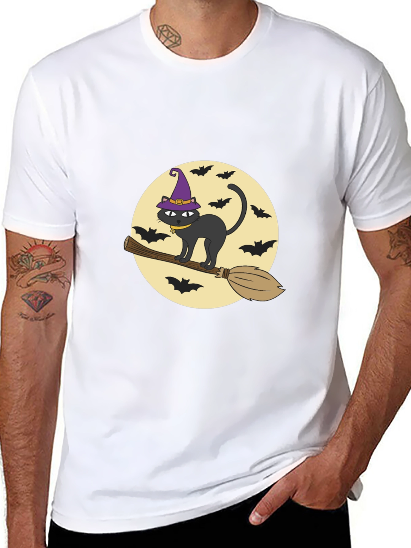 Halloween Cat Witch Graphic Tee - Black Cotton T-Shirt