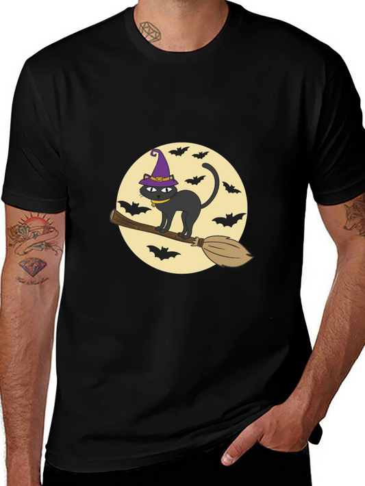 Halloween Cat Witch Graphic Tee - Black Cotton T-Shirt