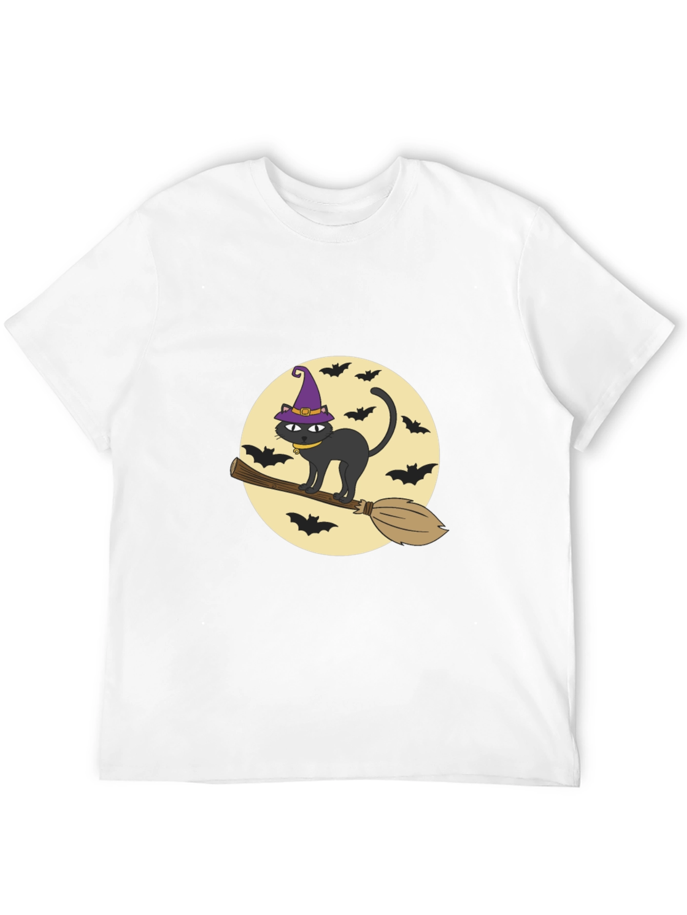Halloween Cat Witch Graphic Tee - Black Cotton T-Shirt