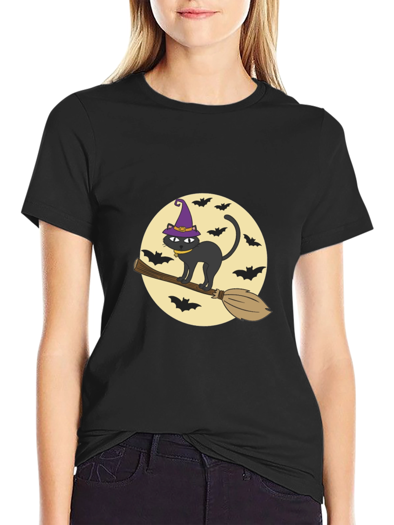 Halloween Cat Witch Graphic Tee - Black Cotton T-Shirt