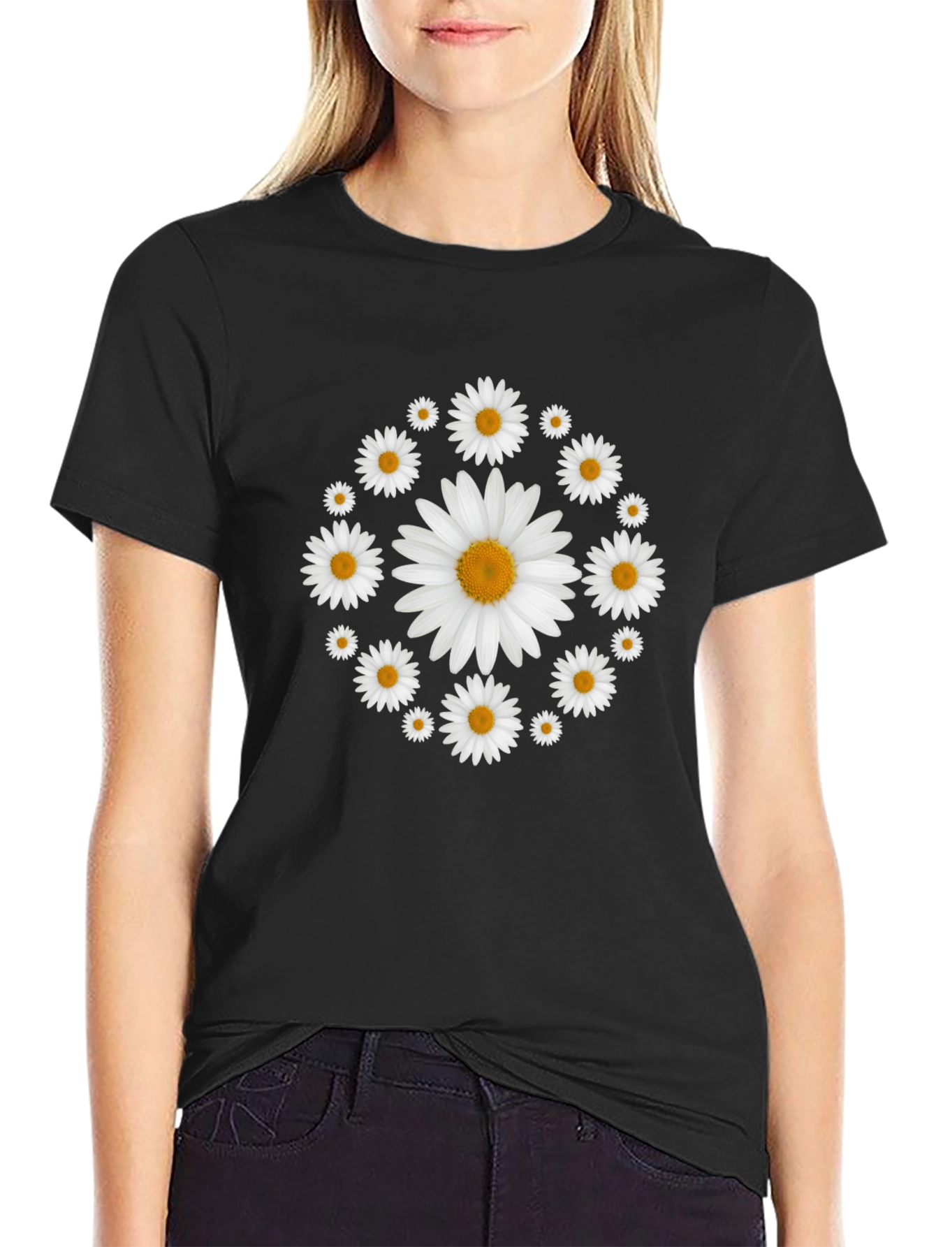Daisy Flower Wreath T-Shirt - Black Cotton