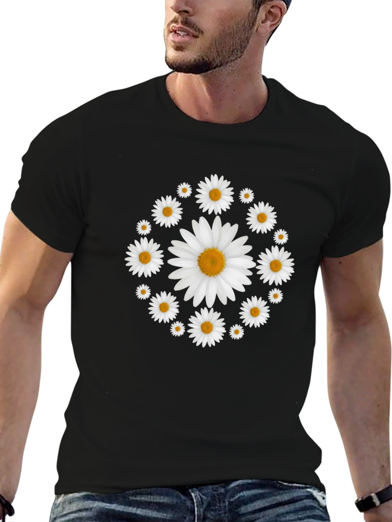 Daisy Flower Wreath T-Shirt - Black Cotton