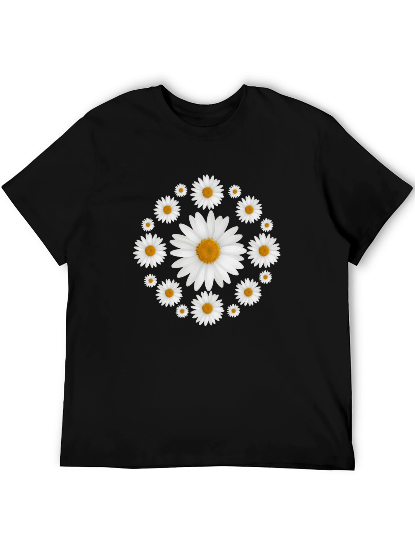 Daisy Flower Wreath T-Shirt - Black Cotton