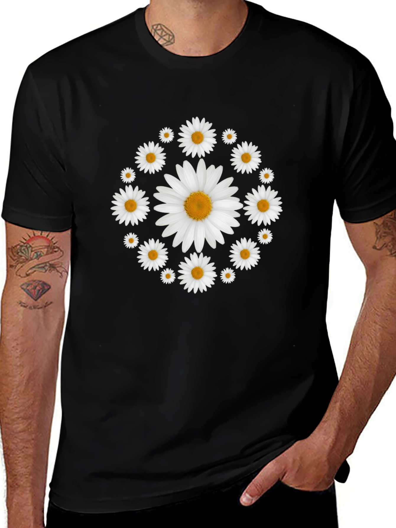 Daisy Flower Wreath T-Shirt - Black Cotton