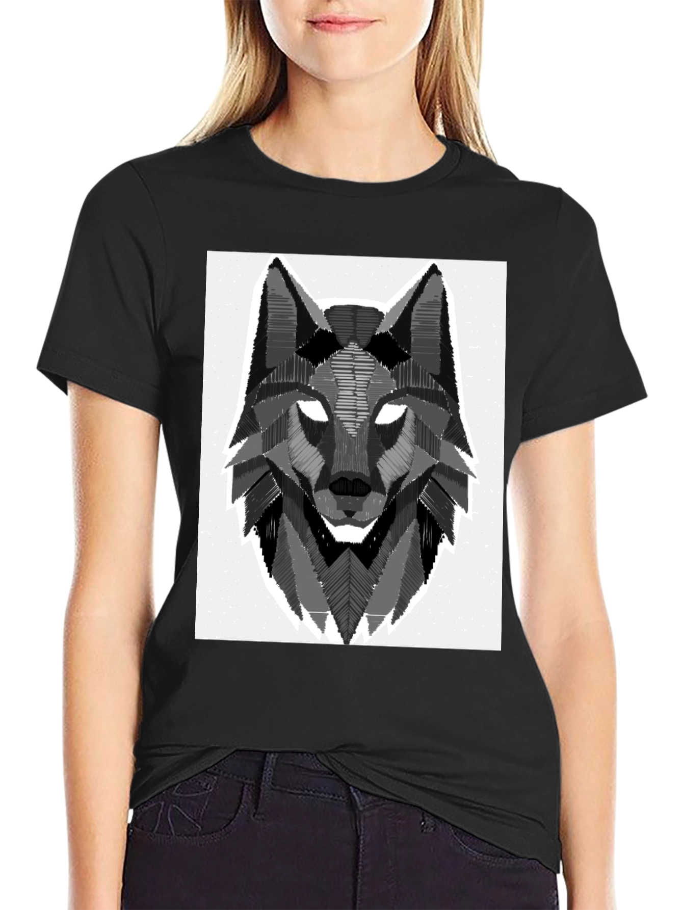 Geometric Wolf Graphic Tee - Stylish Black T-Shirt