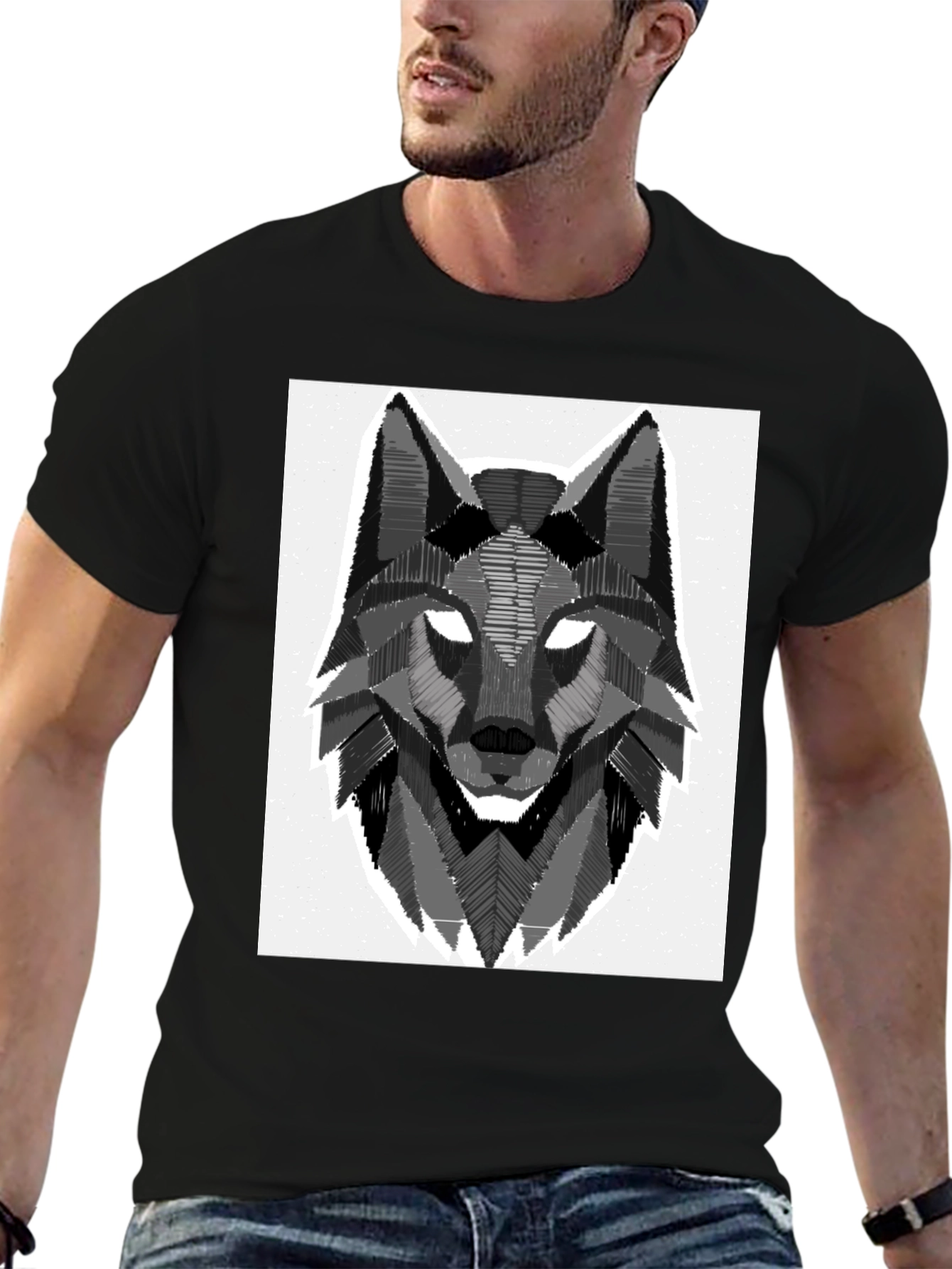 Geometric Wolf Graphic Tee - Stylish Black T-Shirt