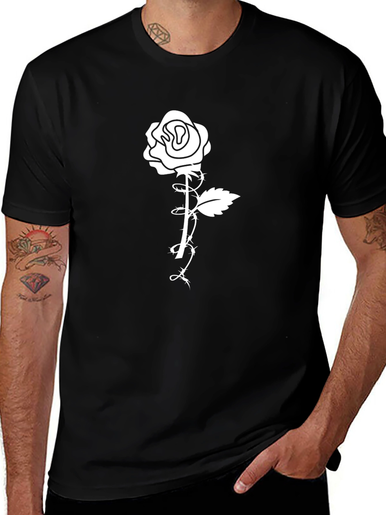 Mens Black T-Shirt with Rose Graphic Print