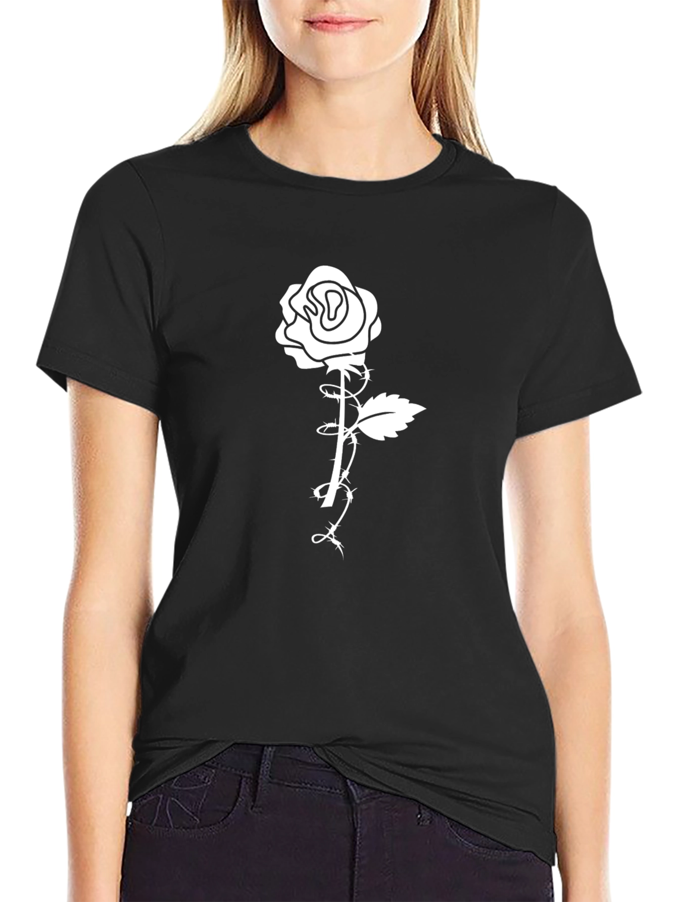 Mens Black T-Shirt with Rose Graphic Print