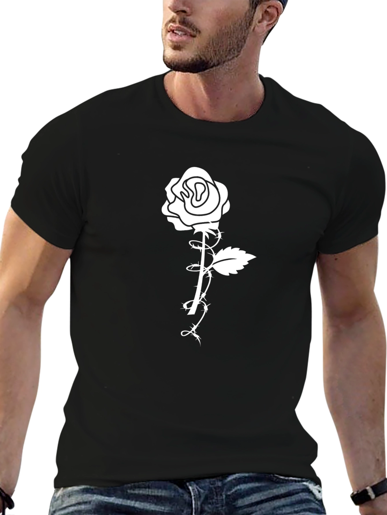 Mens Black T-Shirt with Rose Graphic Print