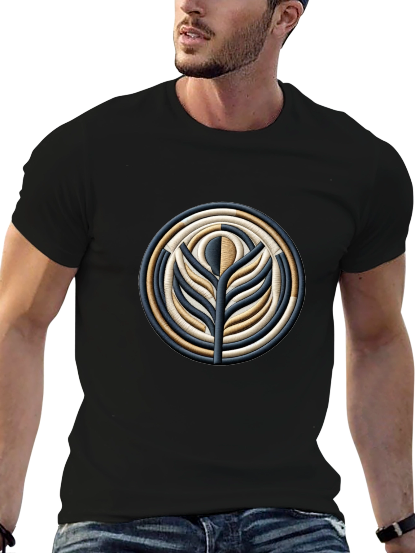Embroidered Floral Medallion Black T-Shirt