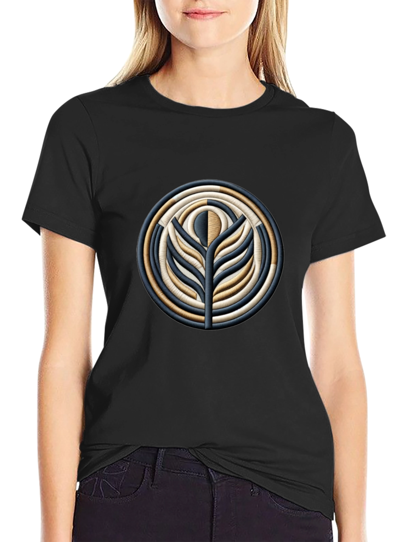 Embroidered Floral Medallion Black T-Shirt