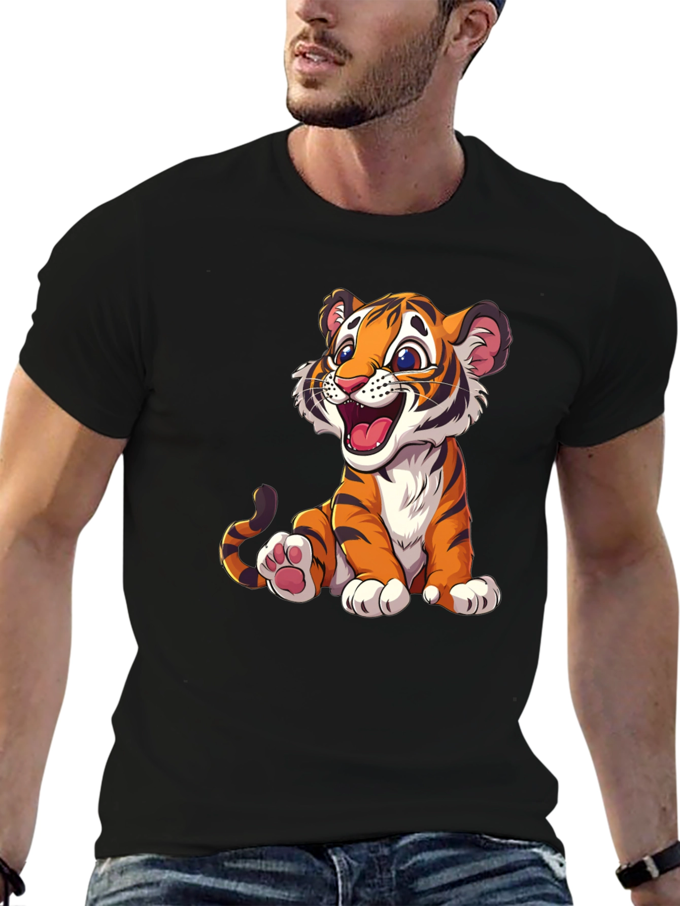 Cute Cartoon Tiger Graphic Tee - Black