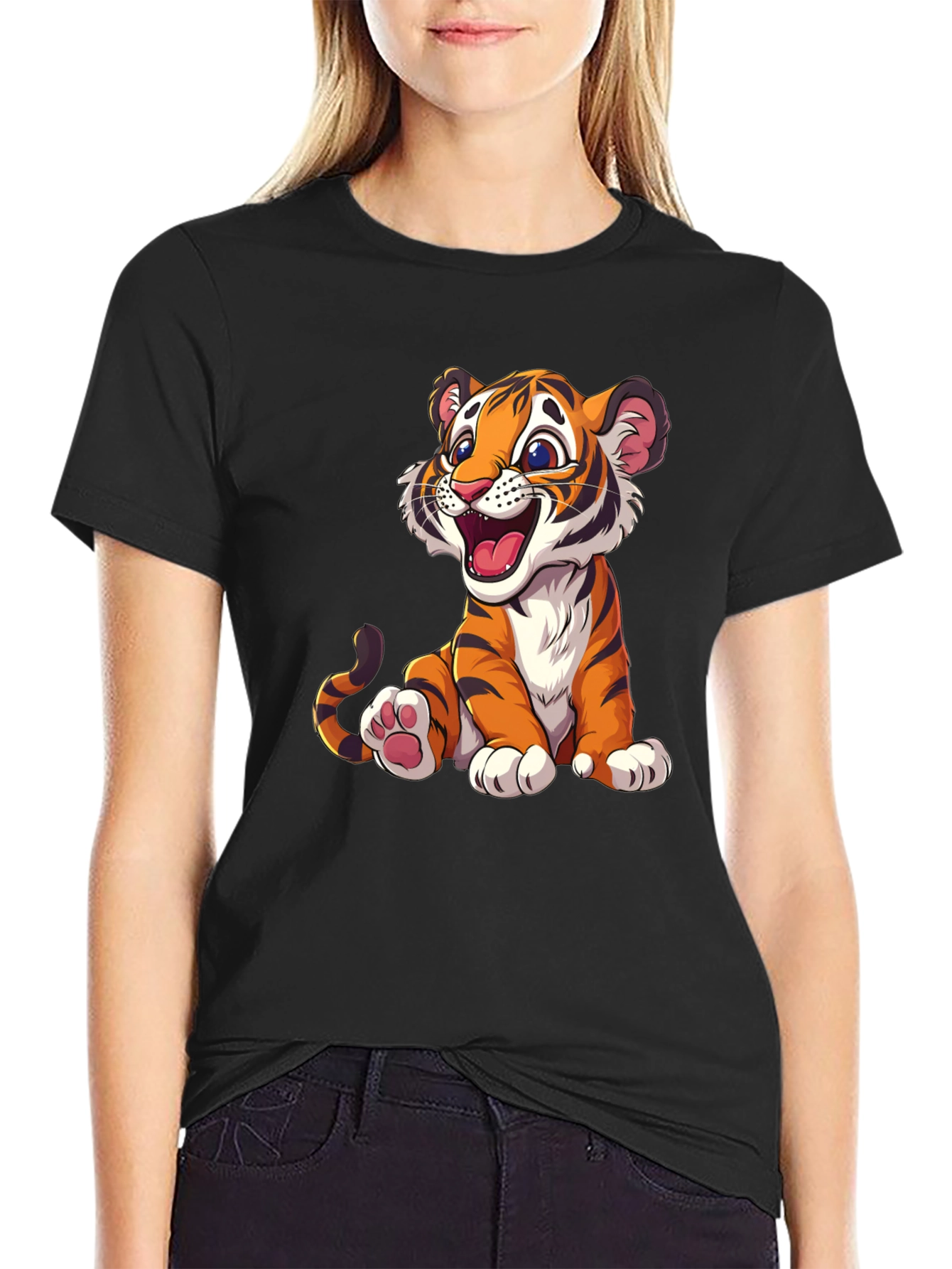 Cute Cartoon Tiger Graphic Tee - Black