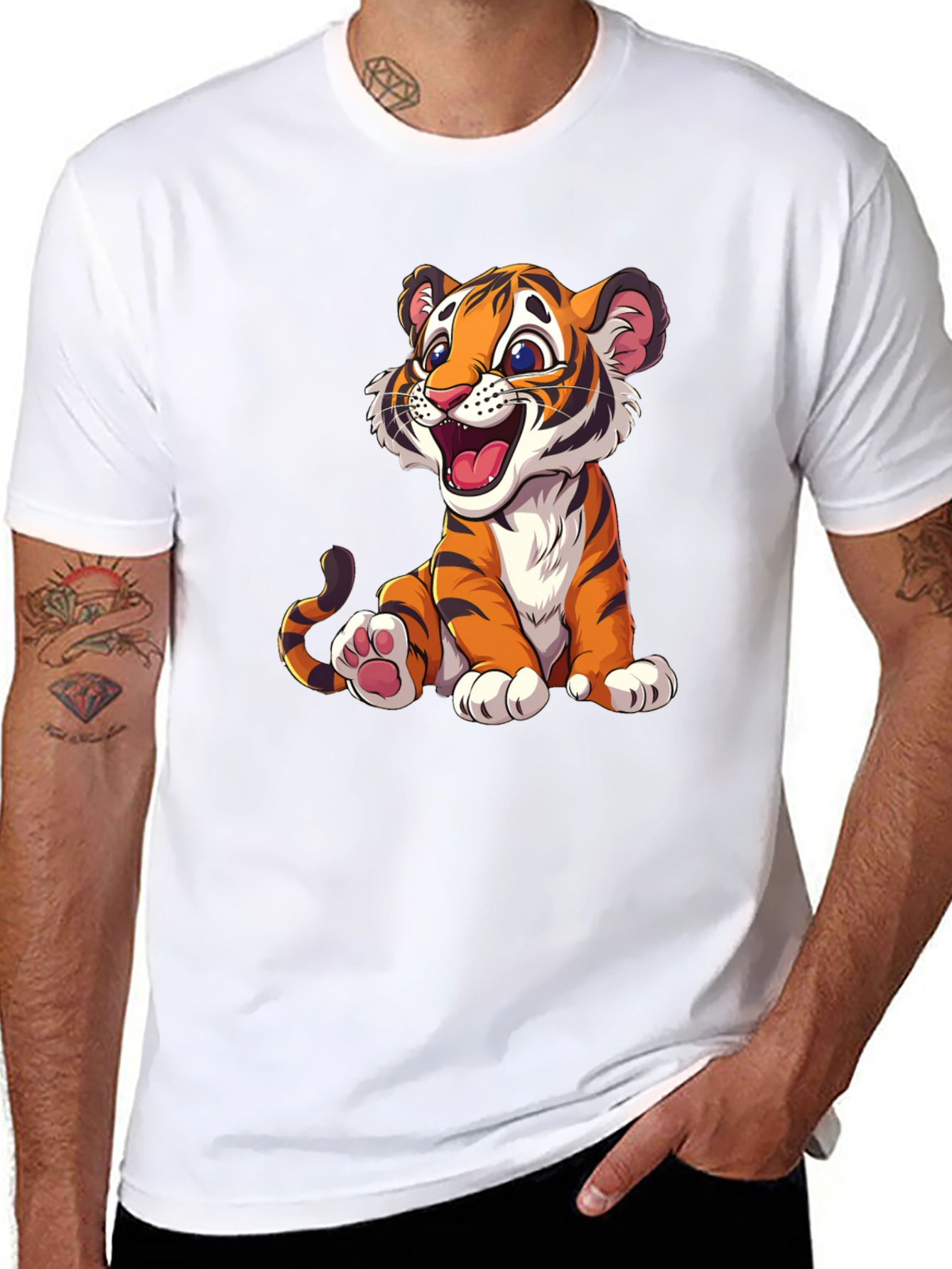 Cute Cartoon Tiger Graphic Tee - Black