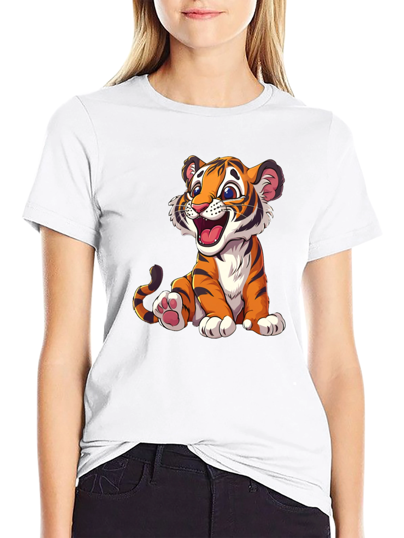 Cute Cartoon Tiger Graphic Tee - Black