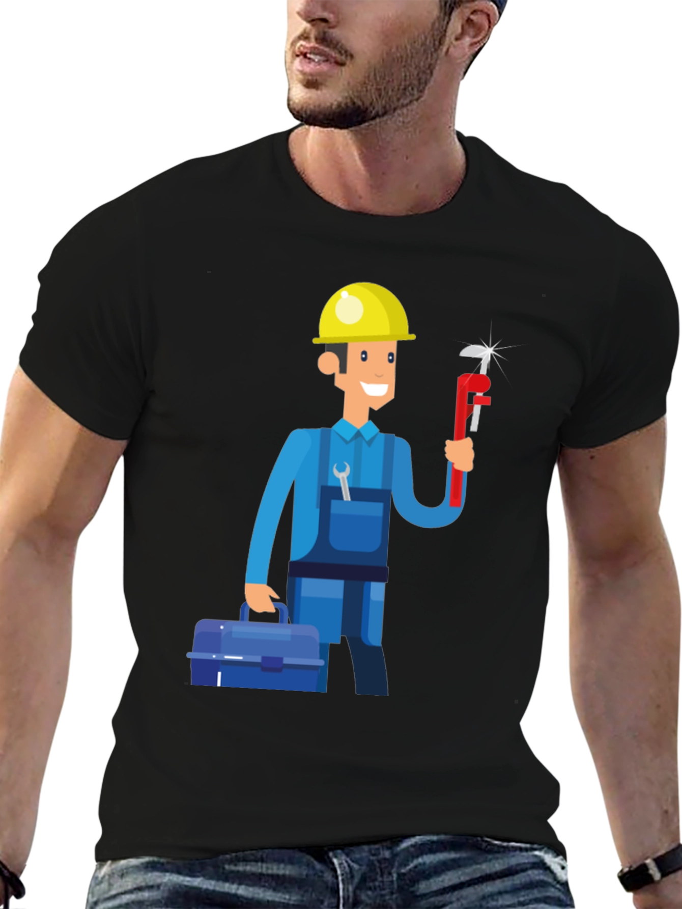 Cartoon Plumber Graphic Tee - Black T-Shirt