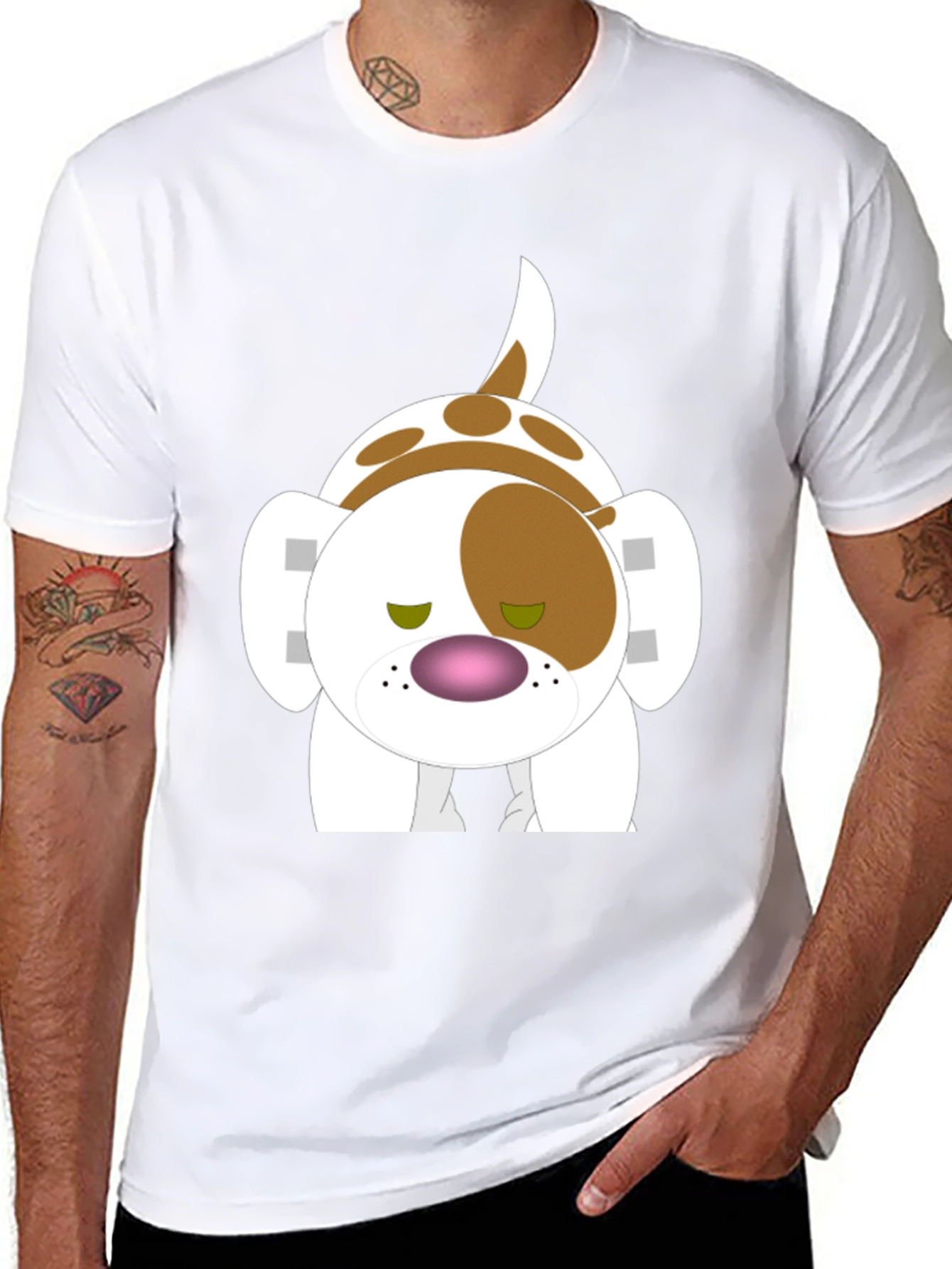 Cartoon Dog Graphic Tee - Black Cotton Blend