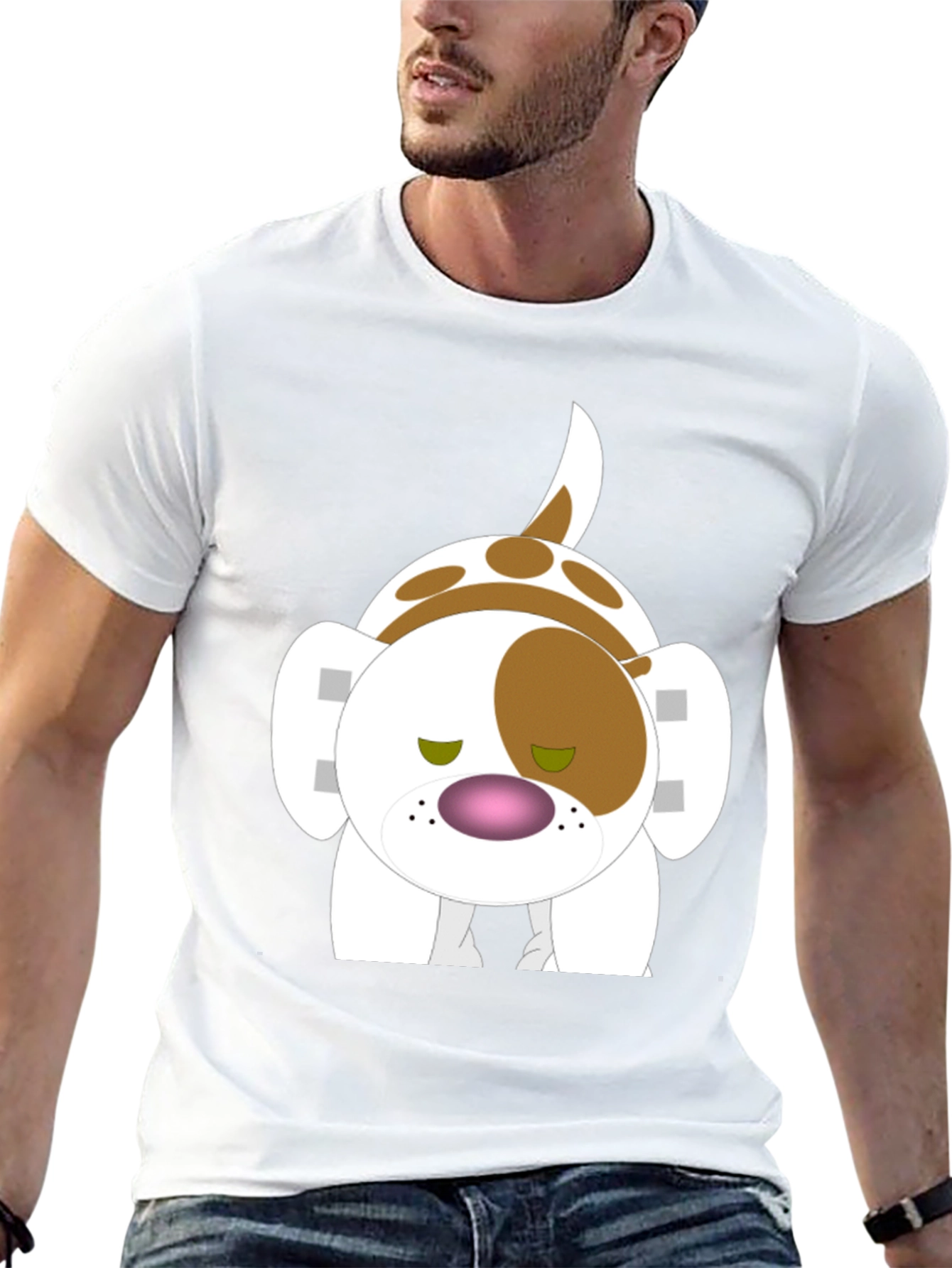 Cartoon Dog Graphic Tee - Black Cotton Blend