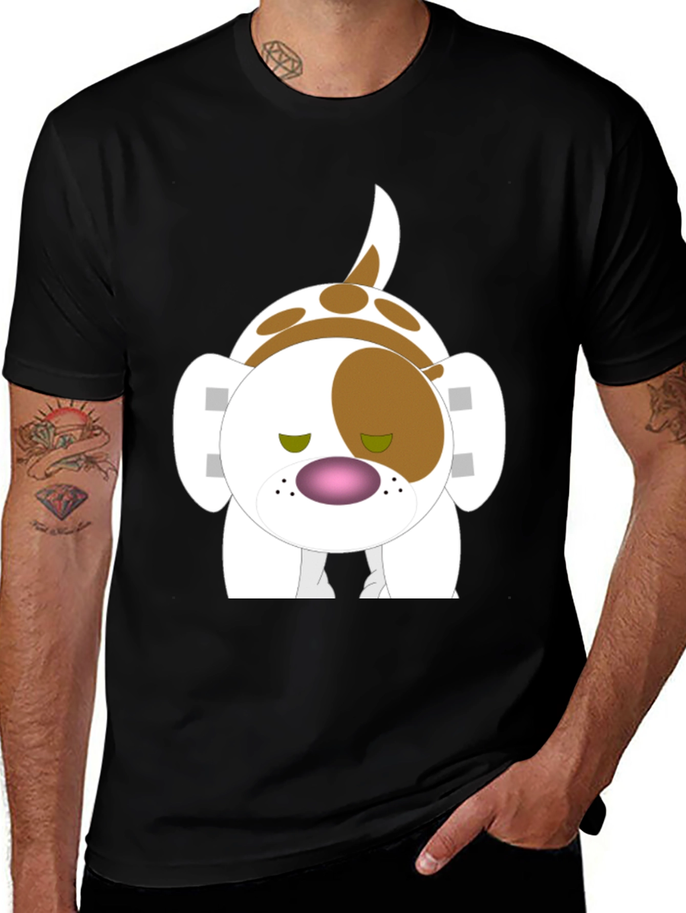 Cartoon Dog Graphic Tee - Black Cotton Blend