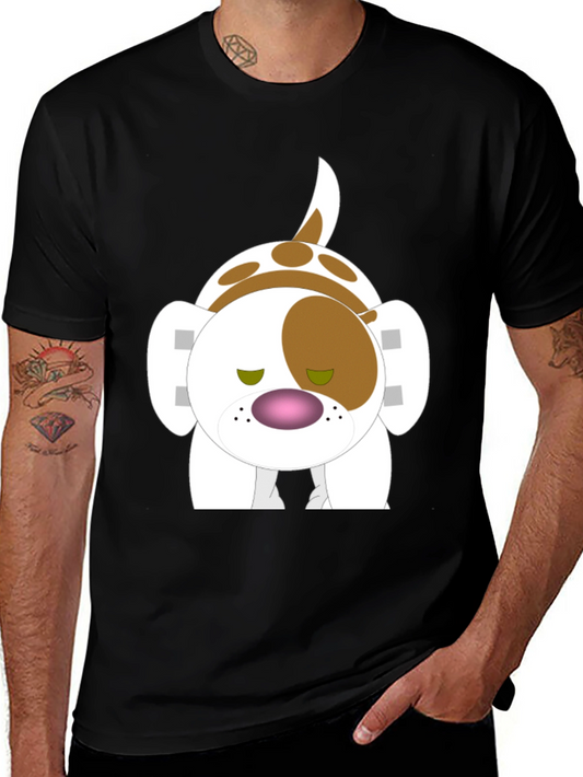 Cartoon Dog Graphic Tee - Black Cotton Blend
