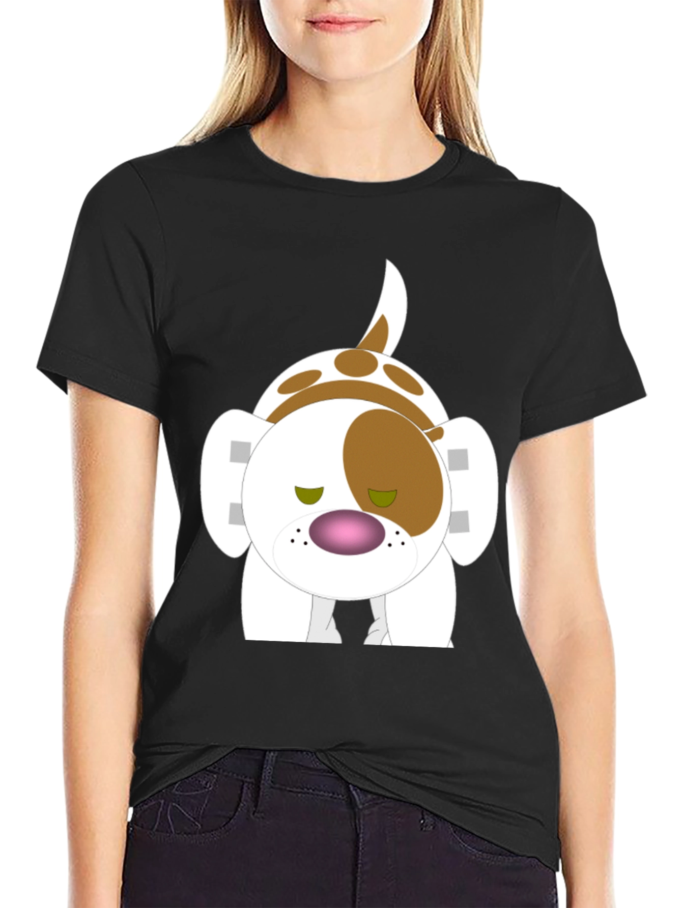 Cartoon Dog Graphic Tee - Black Cotton Blend