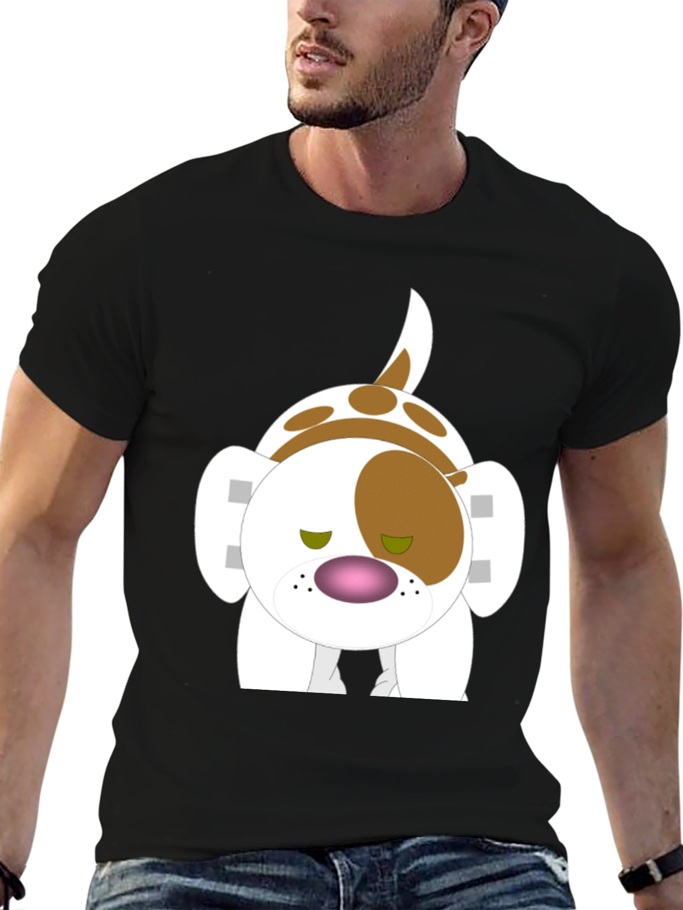 Cartoon Dog Graphic Tee - Black Cotton Blend