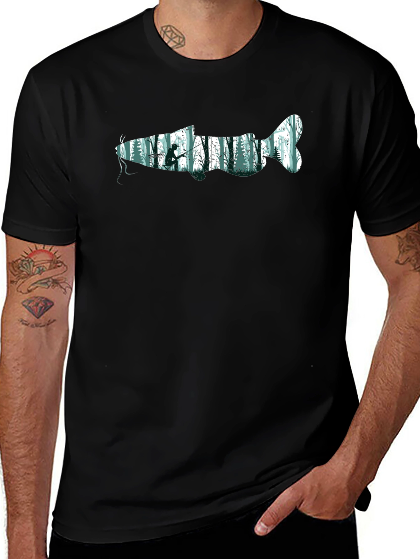 Nature Fish Graphic Tee - Black Cotton Blend