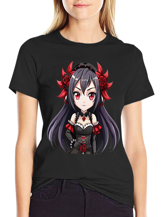 Anime Girl Graphic Tee - Gothic Red Rose Chibi T-Shirt
